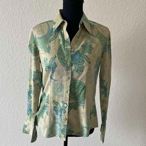 Ann Taylor Yellow Green Paisley Floral Blouse Shirt Women Size 8